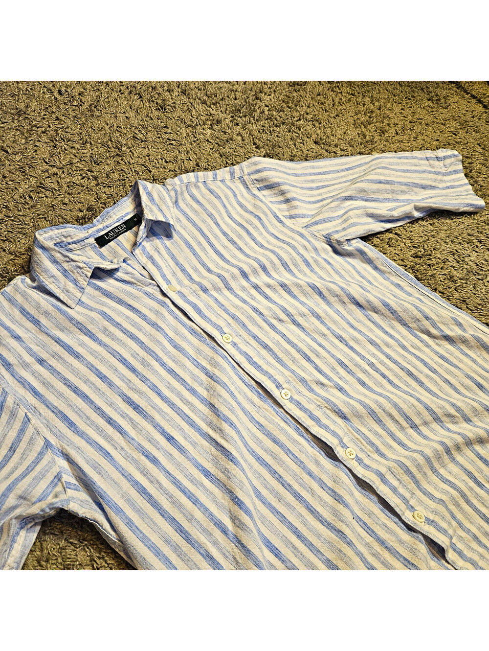 Lauren Ralph Lauren Women's M Blue White Striped Linen Collared 3/4 Blouse